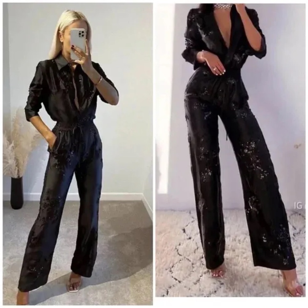 Zara NWOT black sequin satin matching 2 piece set - button shirt & pants - Picture 9 of 15